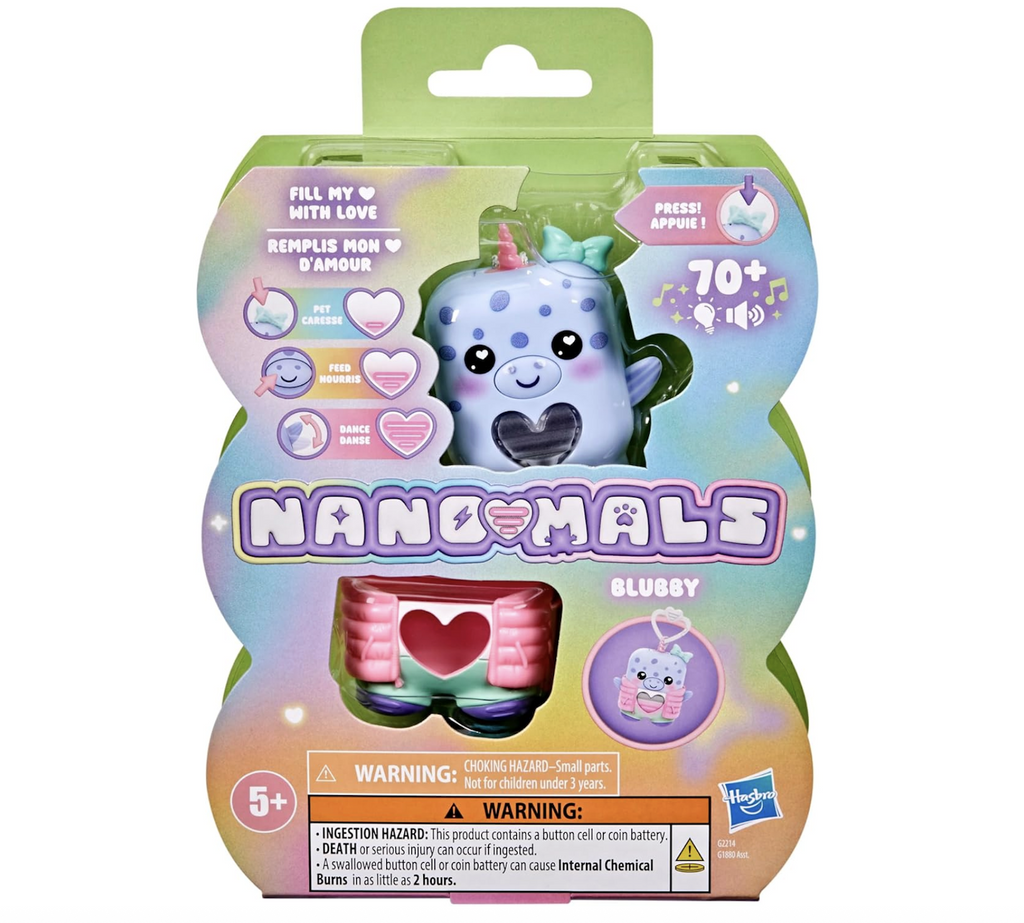 A Nano-Mal named Blubby packaed in a colorful box with clear windows that show Blubby, as well as the included costume that comes with it. 