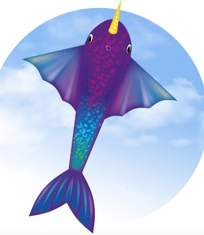 Colorful blue, green, purple and pink Narwhal shaped kite.
