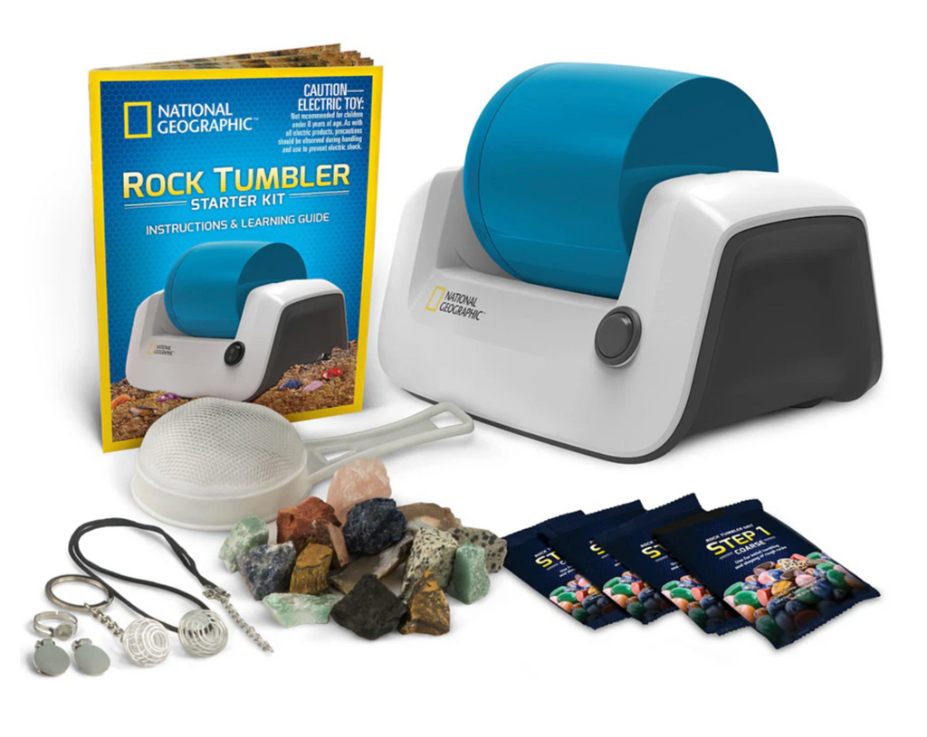 National Geographic rock tumbler starter kit with tools, rocks, jewelry pieces and instruction booklet. 