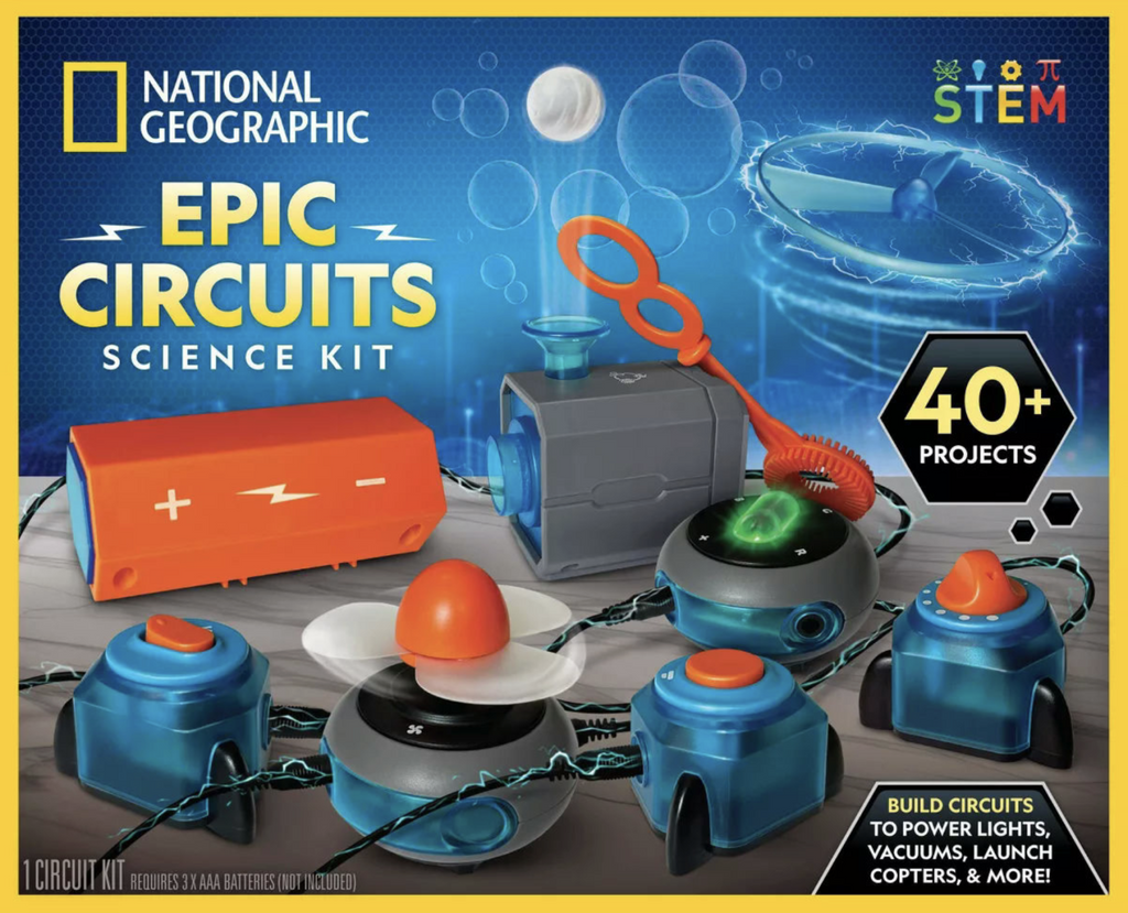 Box containing the National Geographic Epic Circuits Science Kit with a picture of many of the circuits that can be built using the kit that will power lights, fans, launch copters, blow bubbles and more. 
