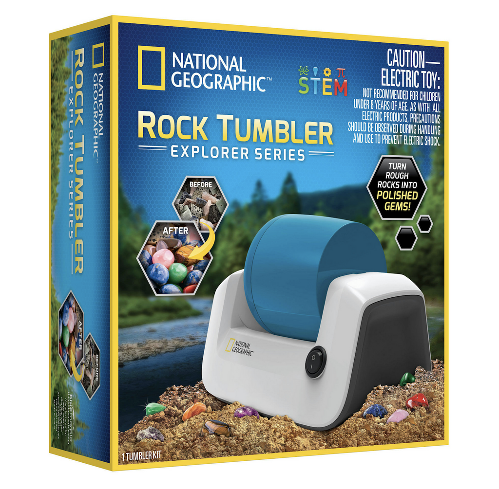 Box containing the National Geographic Rock Tumbler Explorer Series with a picture of the rock tumbler sitting on sand with various rocks and gems, in the background is a beautiful river and forest. There are before and after pictures of rough, unpolished stones and smooth colorful gems. 