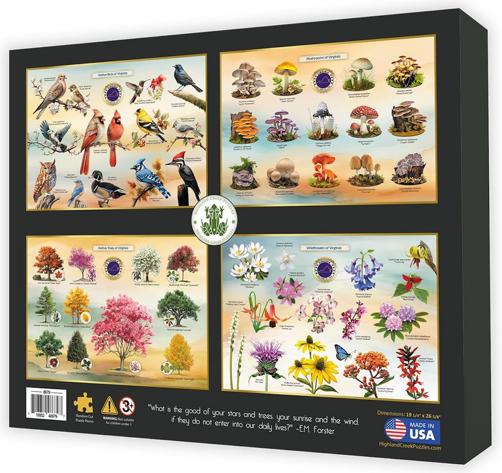 A view of the back of the puzzle box containing the Native Birds of Virginia jigsaw puzzle. There are pictures of other puzzles that feature plants, trees and mushrooms that can be found in the state of Virginia. 