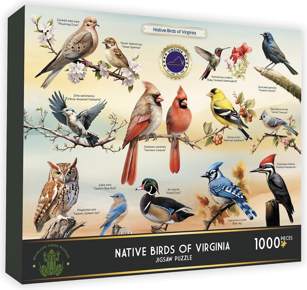 Illustrated box cover featuring many native birds of Virginia. 