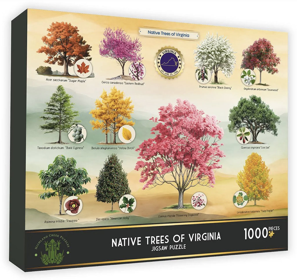 Native Trees of Virginia puzzle box with illustrations of trees that are native to Virginia. 