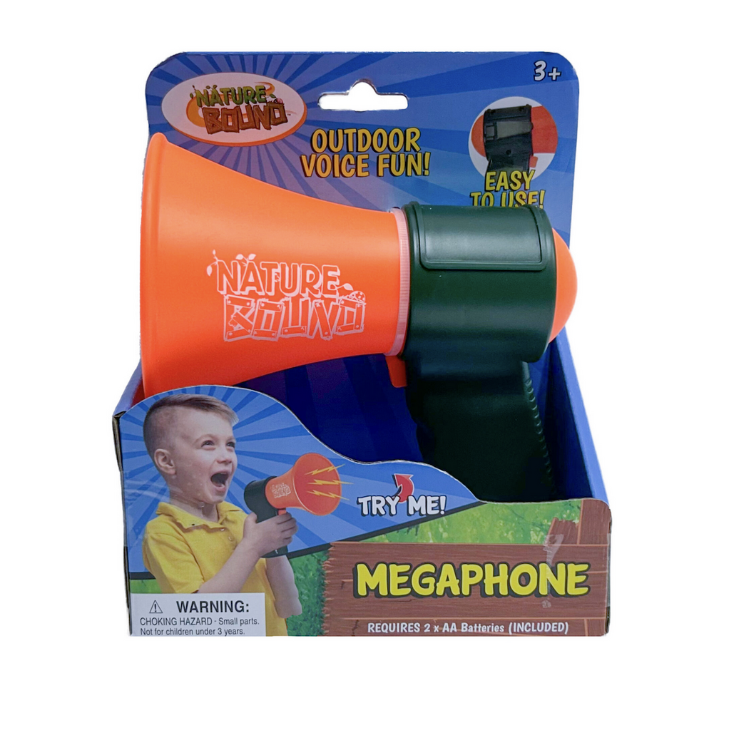 The Nature Bound Megaphone with green handle and bright orange cone packaged in an open cardboard box. 