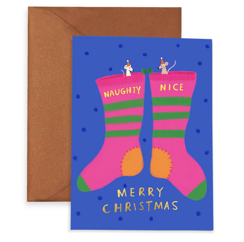 Brightly illustrated greeting card with a pair of socks marked Naughty and Nice with a mouse peeking out of each. 