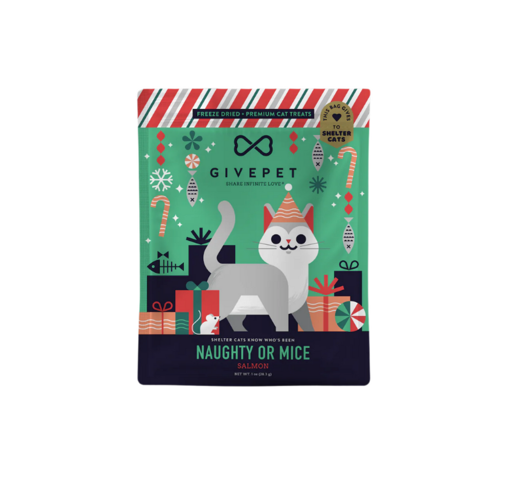 Bag of cat treats with festive illustrations of a grey cat wearing a party hat with wrapped presents all around. 