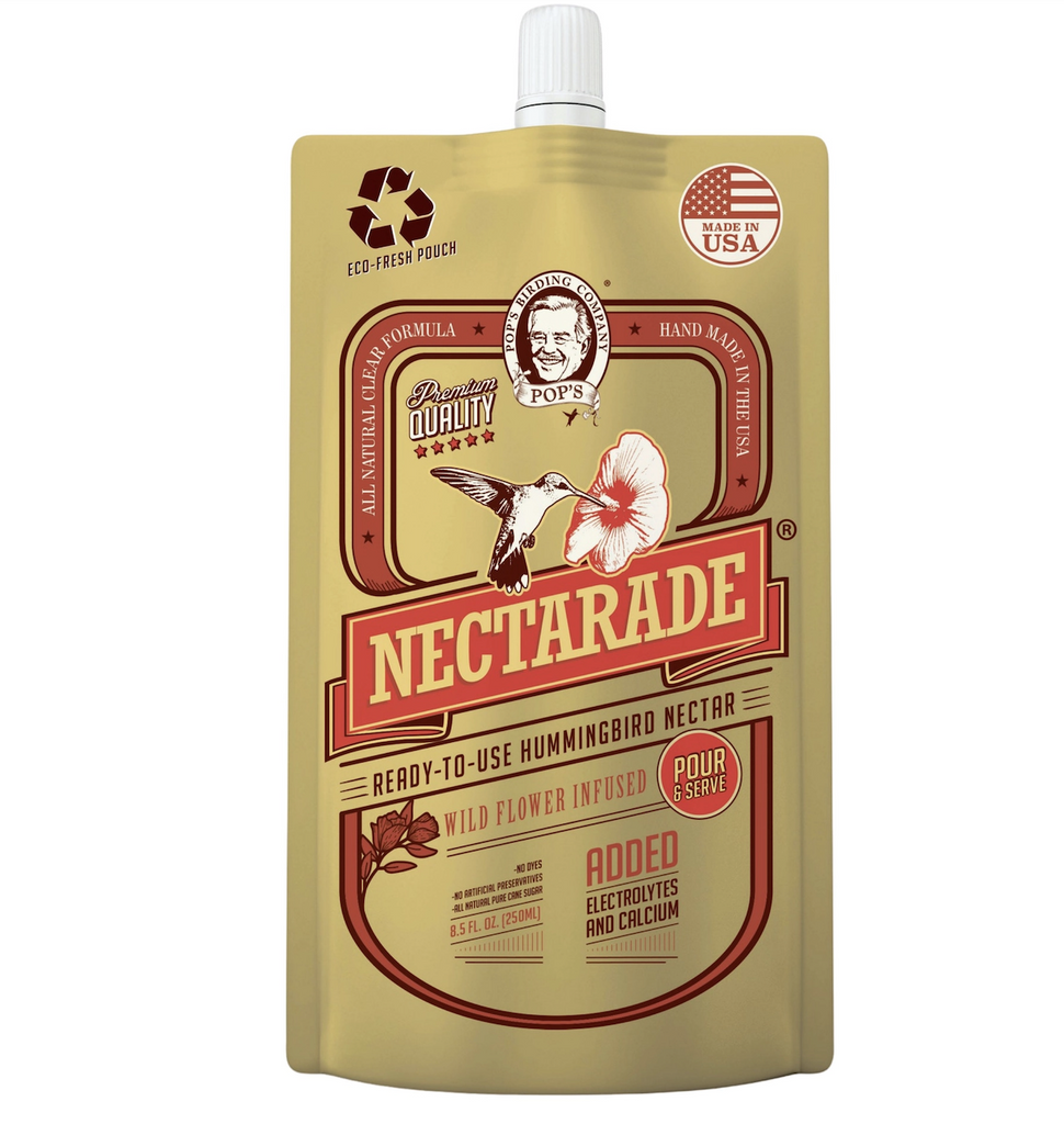 Nectarade Ready to Use Hummingbird Nectar in a gold pouch with red lettering. 