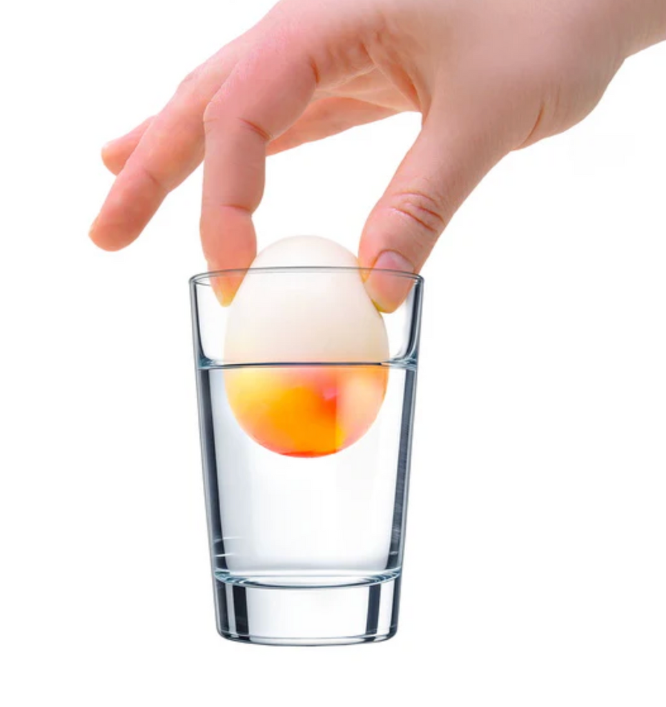A NeeDoh Dippin' Dazzler Egg being placed into a glass of water. The bottom half that is in the water has changed colors from white to yellow and pink. 