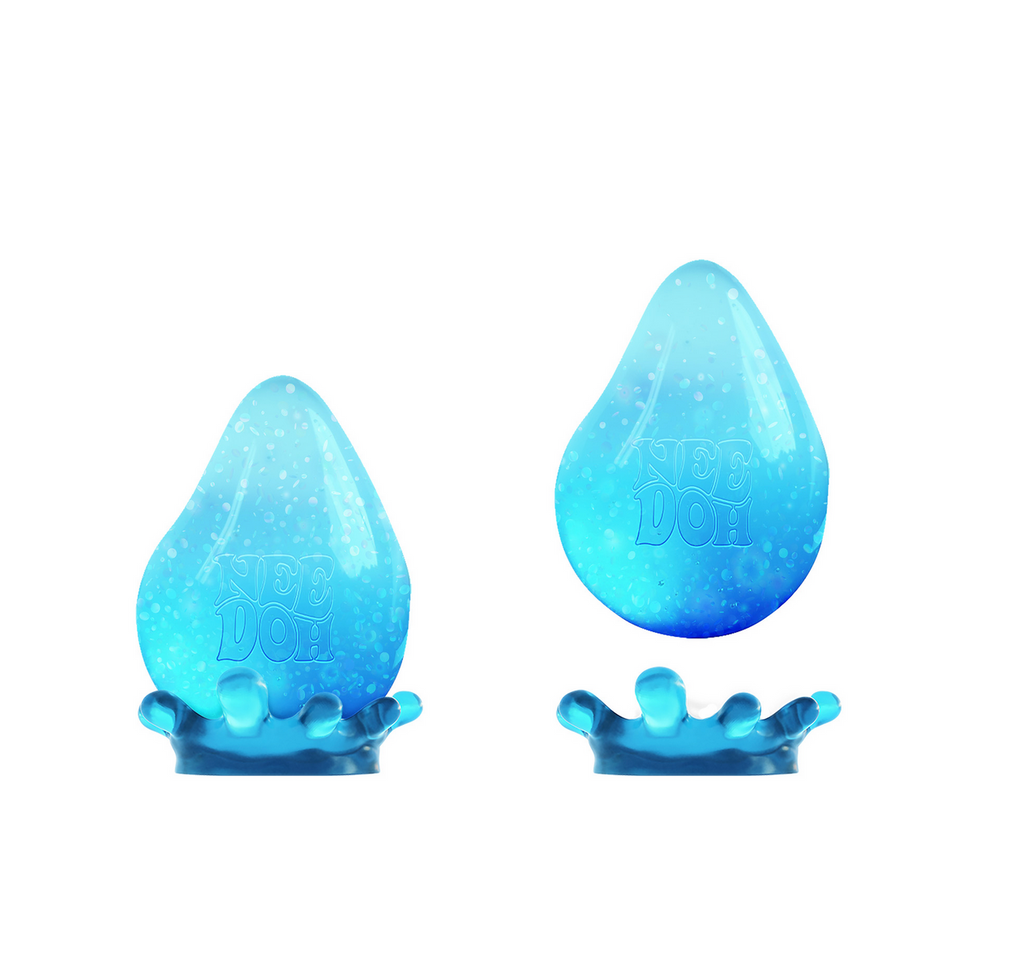 Blue NeeDoh Dream Drop both sitting in and lifted above a blue splatter shaped stand.