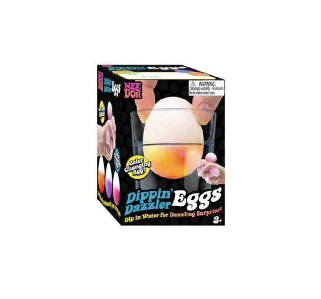 Black box with pictures of the NeeDoh Dippin' Dazzler Egg being squished in a hand and dipped in a glass of water to change colors. 