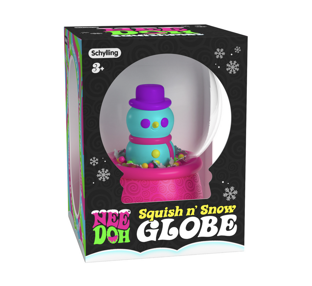 NeeDoh Squish n' Snow Snow globe packaged in a colorful box. 