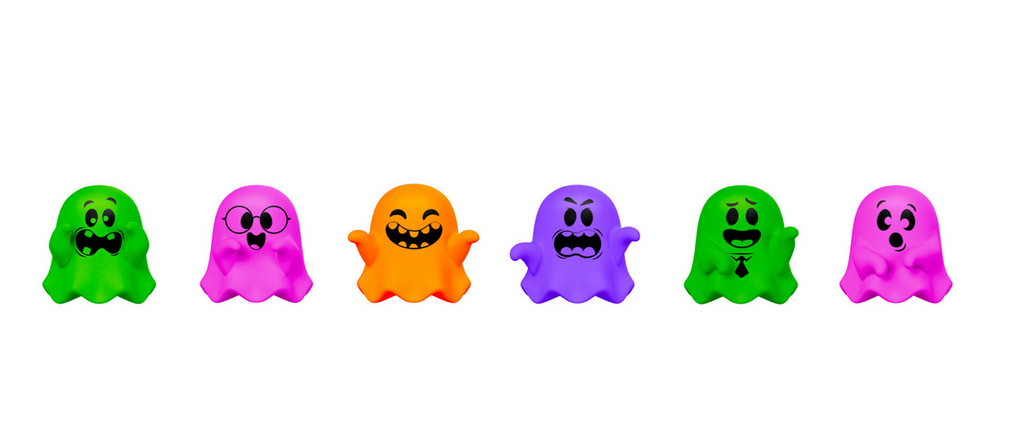 Line up of various styles and colors of the NeeDoh Glowy Ghosts, including pink, orange, purple, and green with differing facial expressions.