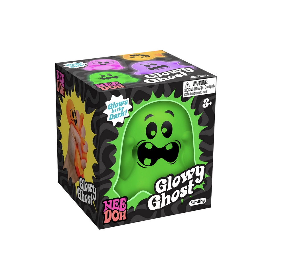 Package of NeeDoh Glowy Ghost- a black cardboard box with an image of a glowing green squishy ghost with a funny expression.