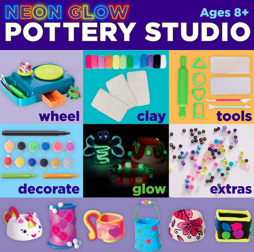 A picture showing the pottery wheel, clay, tools, paints and markers, and other accessories included in the Neon Glow Pottery Studio kit. 