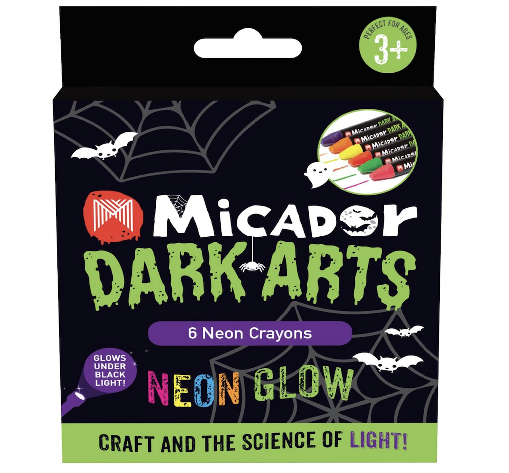 Neon Glow Crayons from Micador Dark Arts presented in the box that is black with bright green lettering. 