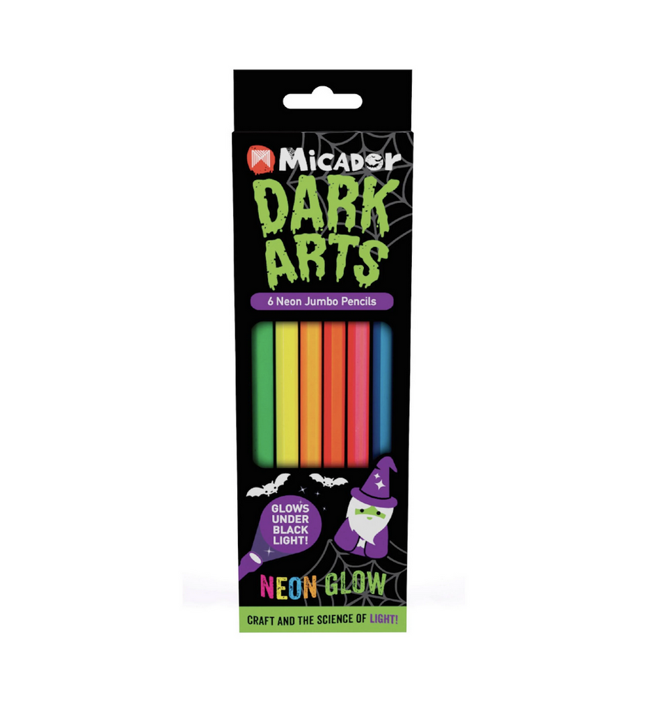 Six Neon Glow Jumbo Pencils packaged in a black box with a see through window showing that a green, yellow, orange, red, pink and blue pencil are included in this set. 