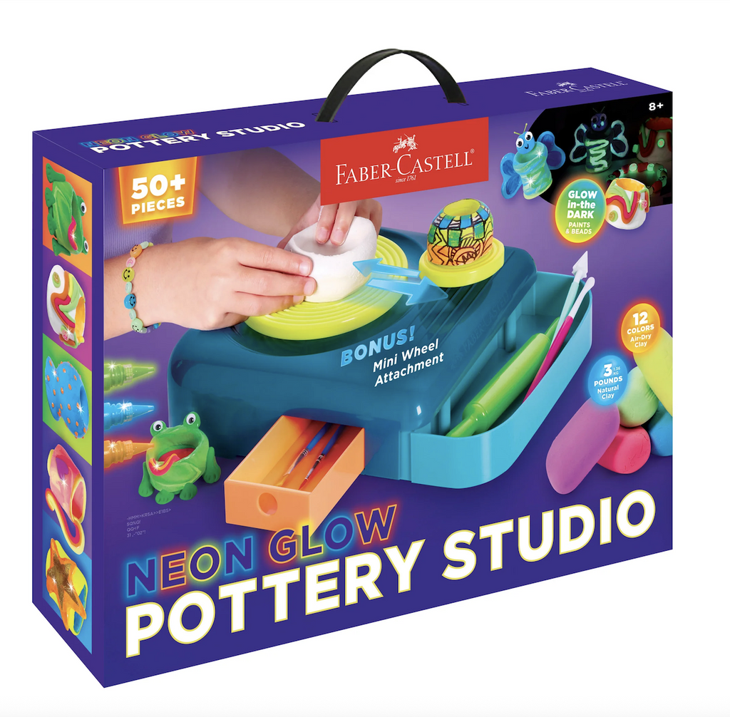 Neon Glow Pottery Studio packaged in a purple box with a picture of the pottery wheel, neon glow paint and various colors of clay as well completed projects featured on the front. 