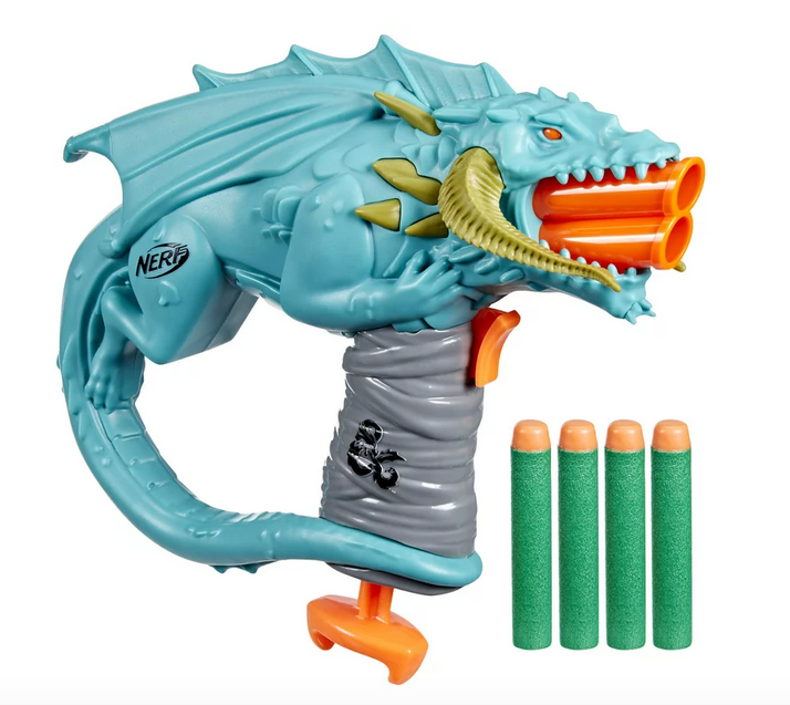 The Nerf Dungeons & Dragons Rakor blaster brings home the fantasy of the D&D movie and roleplaying game. The dart blaster launches 2 Nerf Elite foam darts in a row for active play in outdoor games.