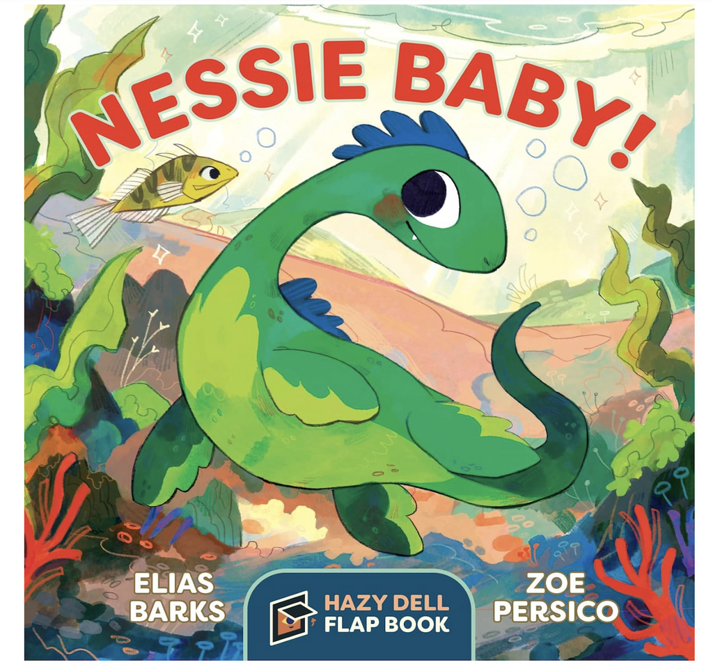 Illustrated cover of "Nessie Baby!" lift the flap board book, with Nessie swimming in the loch. 