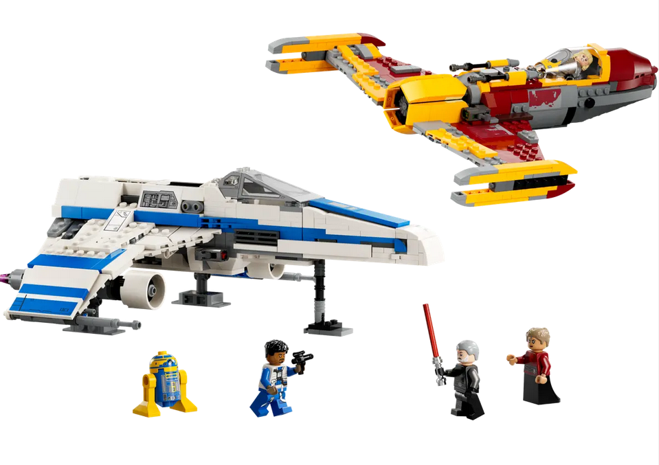 Brick built star ships with minifigures and droid in the foreground. 