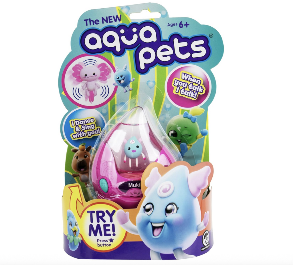Collectible Aqua Pet from Series 1 packaged in a clear plastic bubble on a colorful backing card that has illustrations of other Aqua Pet characters available in Series 1. Word bubbles with information like "I Talk When You Talk" and "I Dance and Sing With You" are also on the backing card. 