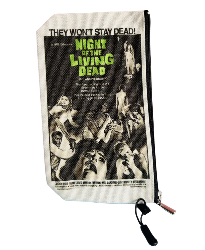 Zippered cosmetic /toiletry bag with graphics from "Night of the Living Dead" printed on both sides. 