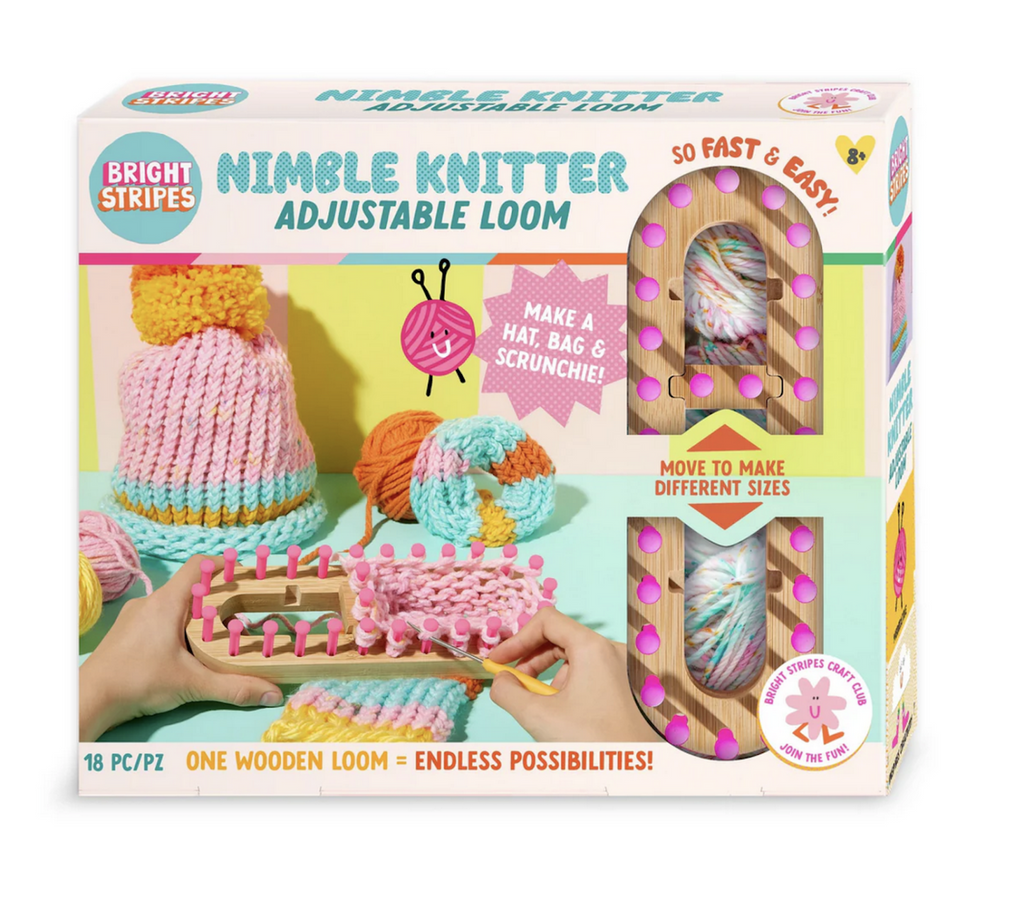 Nimble Knitter Adjustable Loom packaging with pictures of the wooden loom in use and also a hat made using items in the kit. 