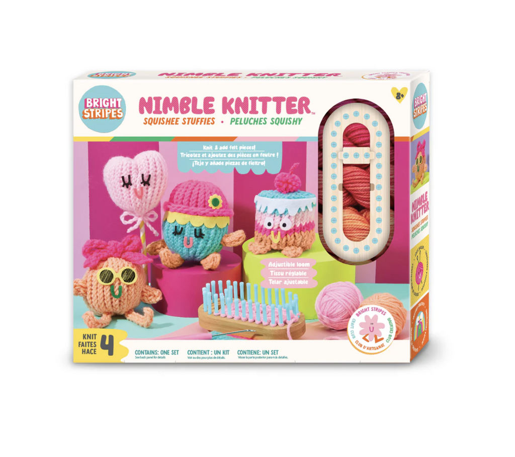 White box with pictures of the four different squishie stuffies that can be made with the Nimble Knitter kit. There is a pink,  heart shaped doll on a stick, a cake shaped doll with a cherry on top, a circular doll with a bright pink bow and a blue doll with a pink hat that has a yellow flower on it. All knitted with materials in the kit.
