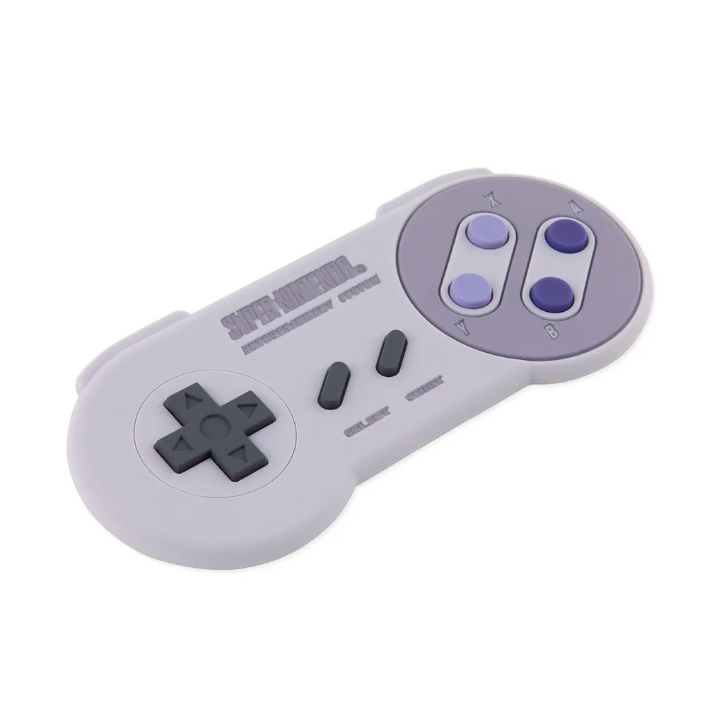Close up picture of the Nintendo SNES Controller silicone teether for babies. 