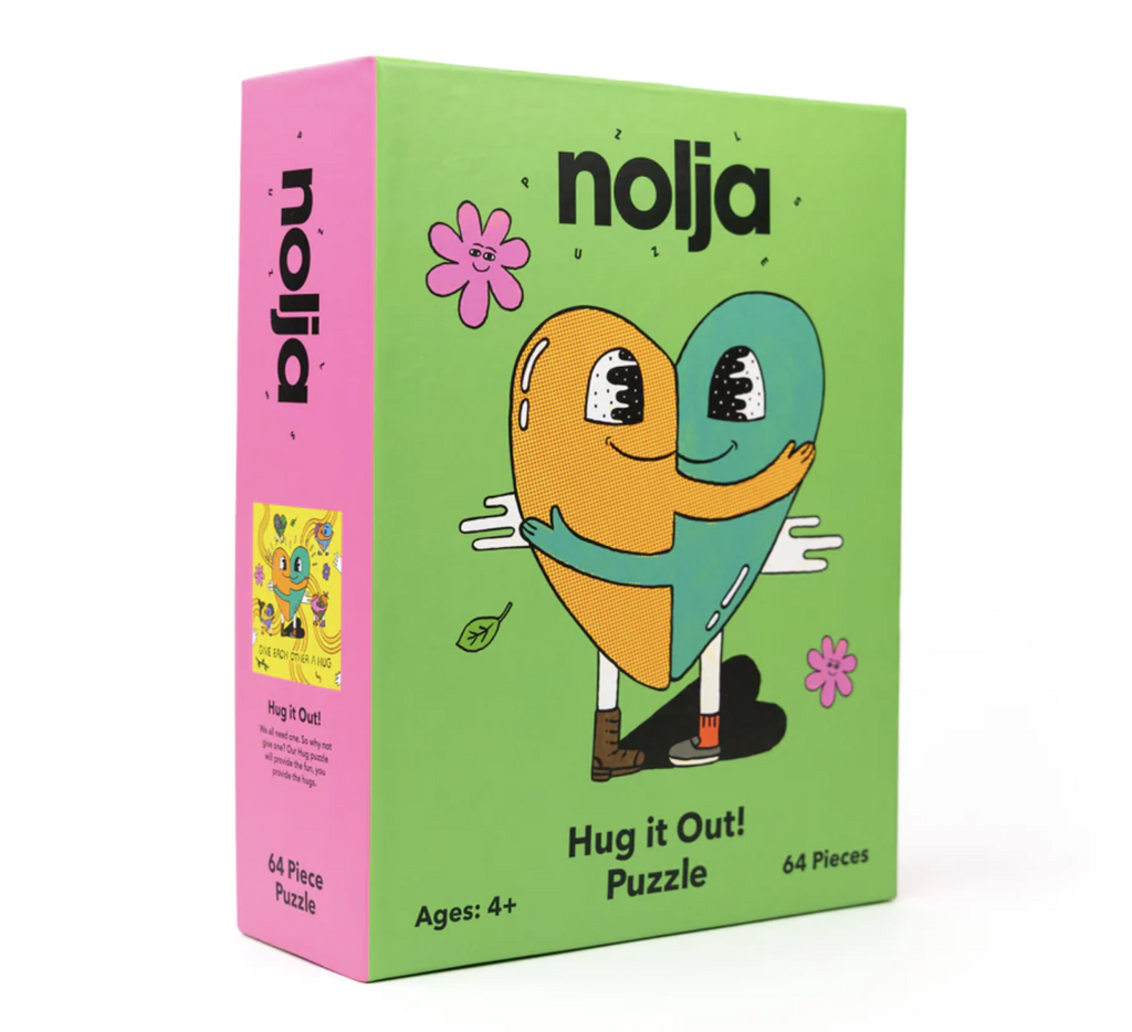 Box for the Hug It Out puzzle. Brightly colored the cover features two heart characters hugging to form a complete heart on bright green background. 
