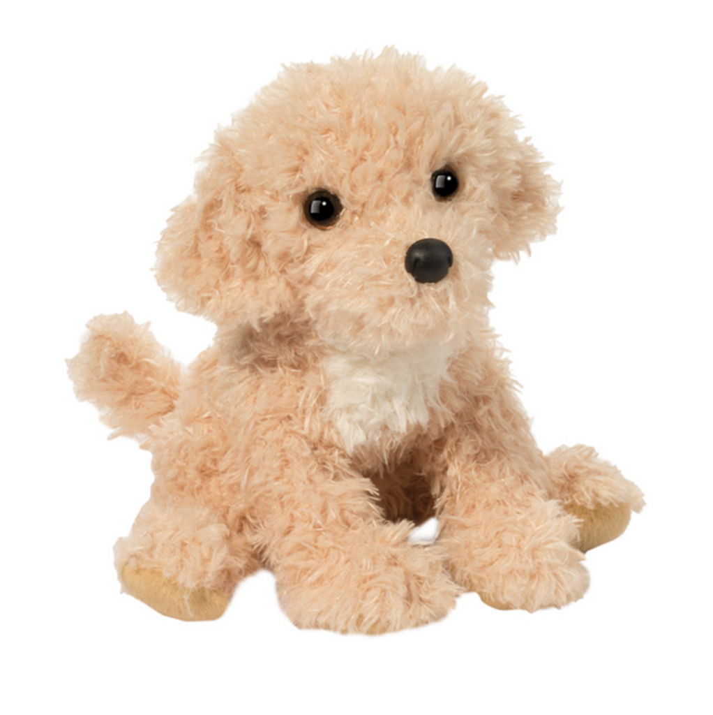 Super soft, light, honey brown curly fur Golden Doodle stuffed animal in a seated position. 