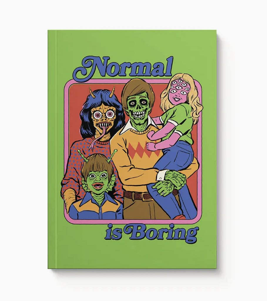 Illustrated cover of a bound notebook with a family of monsters that reads Normal is Boring. 