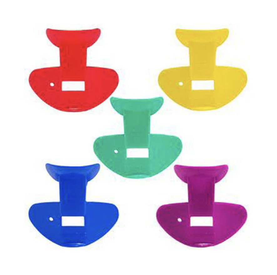 Multiple colors of plastic nose flutes on a white background.