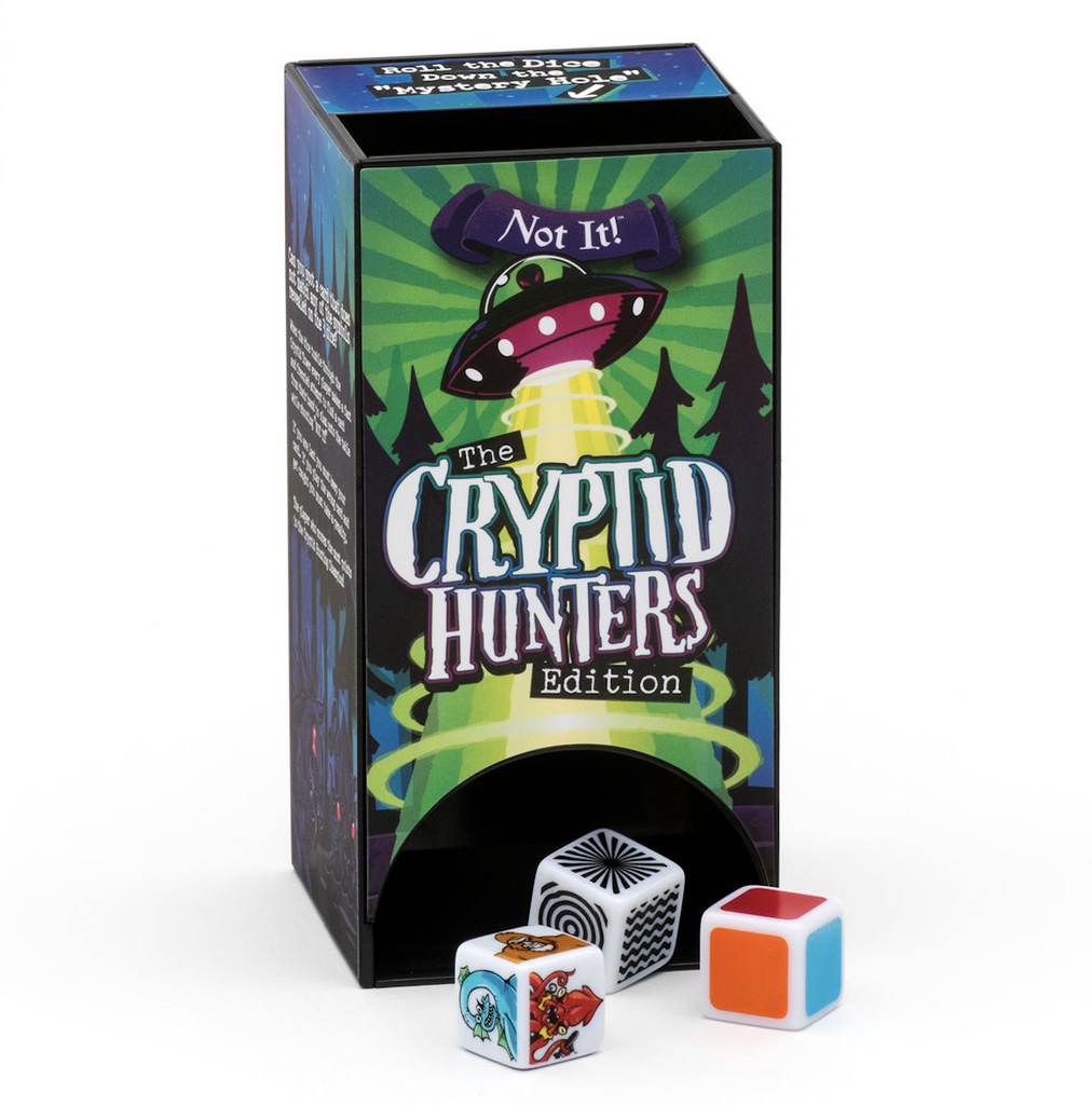 Not It! The Cryptid Hunters Edition with the dice tower and the three dice used in game play. 