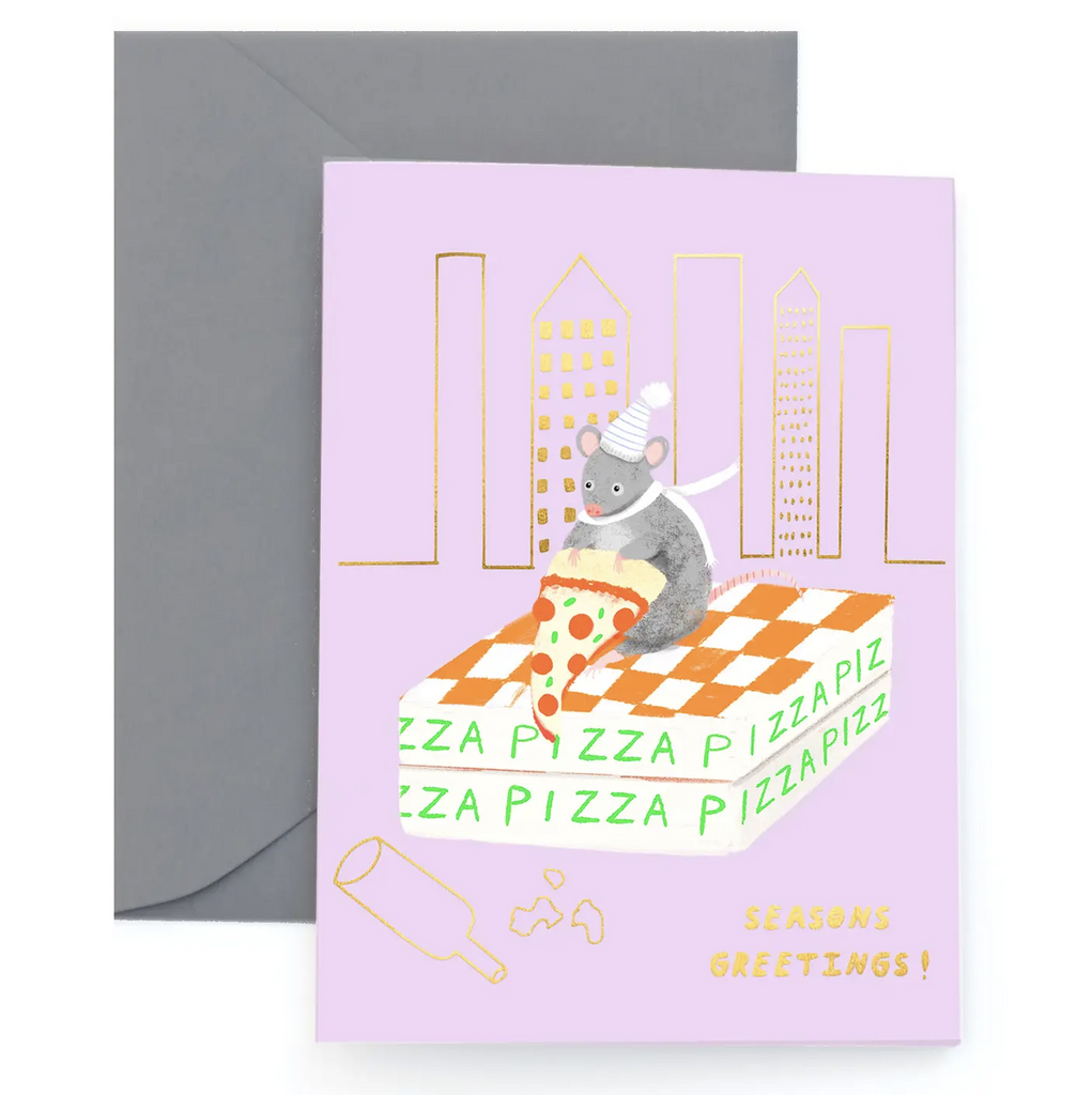 Greeting card with an illustration of a rat with a piece of pizza sitting on a pizza box with the New York City skyline in the background. 