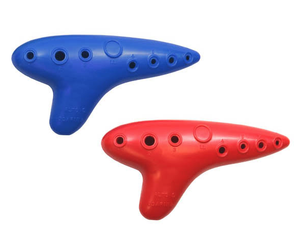 Blue and red plastic ocarinas on a white background.