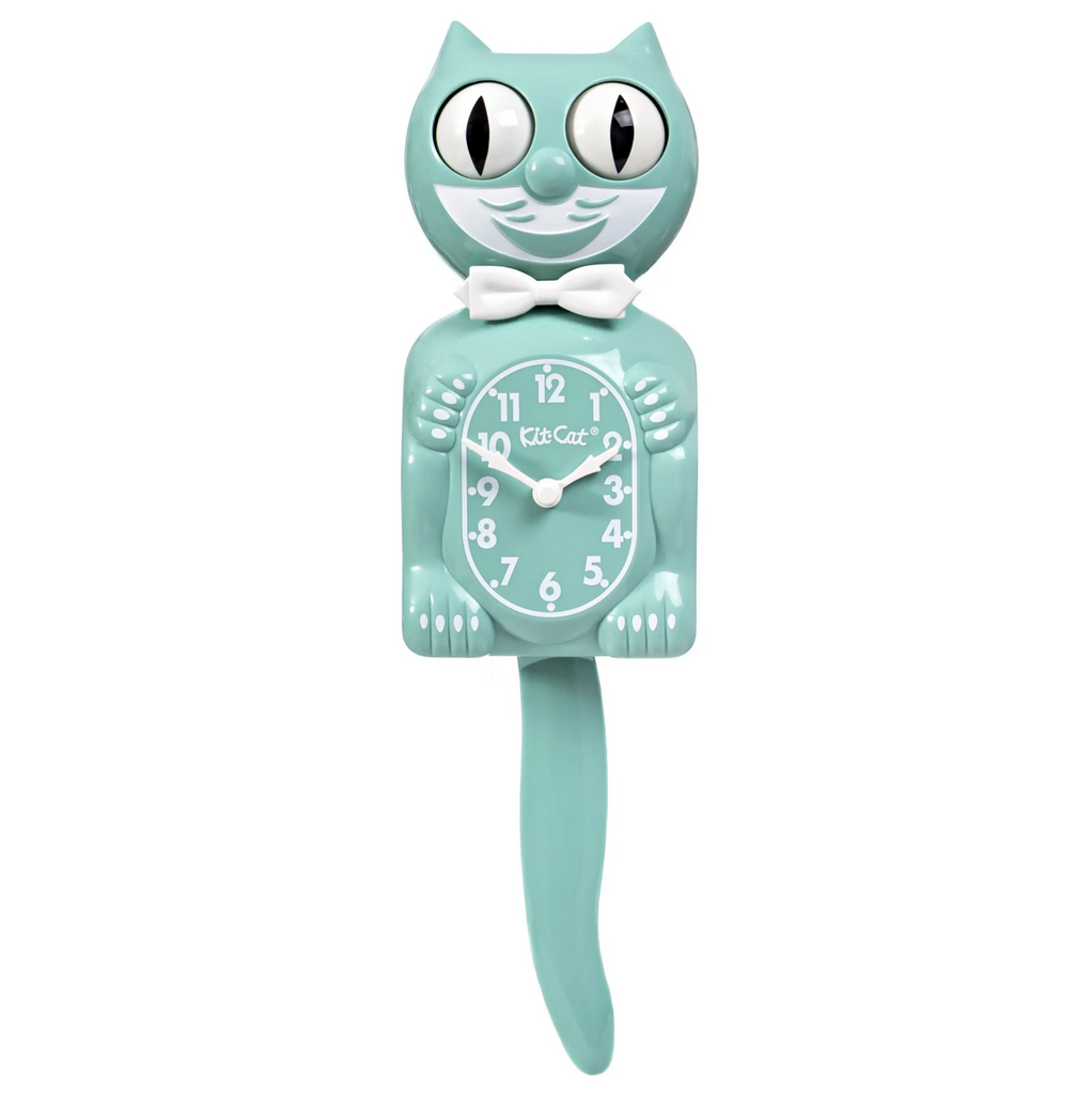 Ocean waves blue green Kit Cat clock with white bowtie moving eyes and wagging tail. 