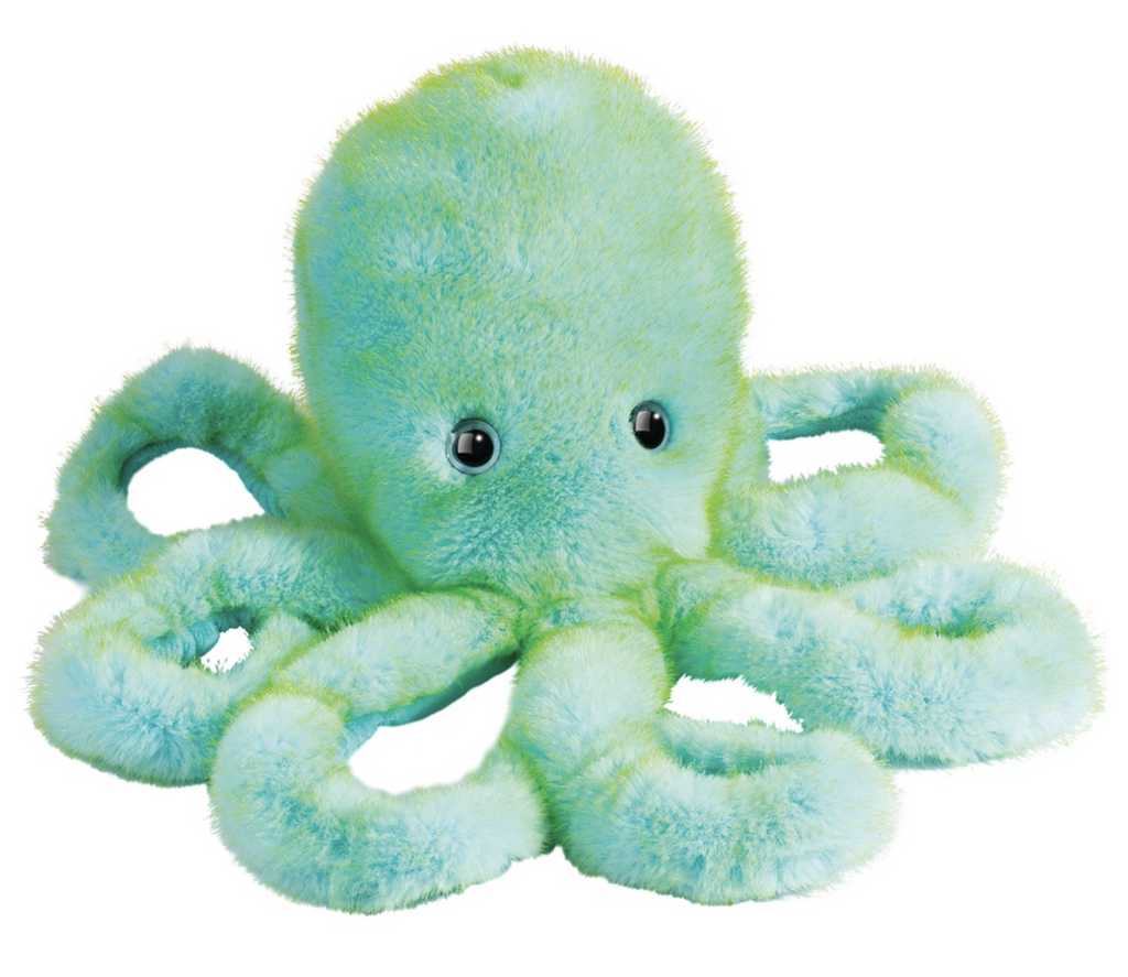 Octavia Octopus is a turquoise and green fuzzy octopus with eight legs and big wide eyes. 