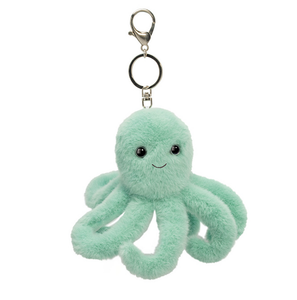 Plush mini octopus bag charm in mint green with a cute smiling face. With a silver key ring and clasp you can attach it to any bag and always have it with you. 
