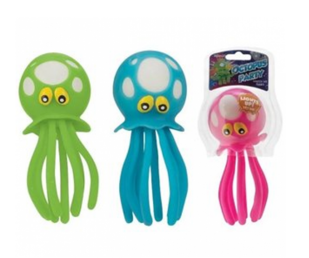 Green, blue and pink octopus toys. 