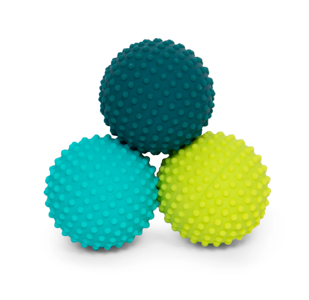 Odds Silicone Magnets Green Dots. Three textured spiky fidget balls in teal, turquoise, and lime green.