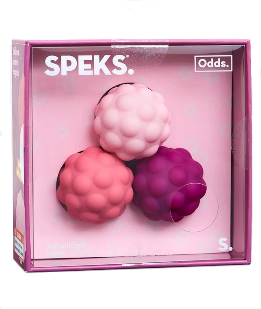 Speks Odds Silicone Magnet set in Purple Bumps fidget balls packaged in a purple box with clear lid.