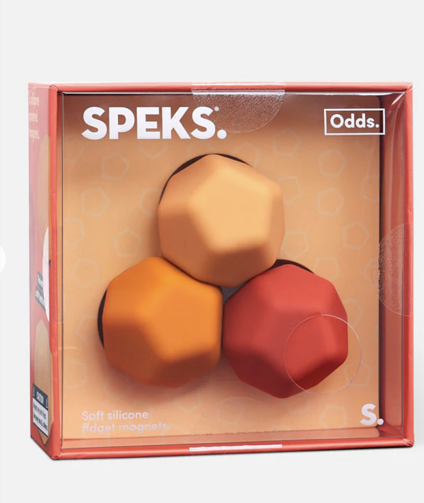 Odds Silicone Magnets in Orange Plane colors and shapes packaged in a box with a clear lid and a small opening so that the soft, silicone texture can be felt. 