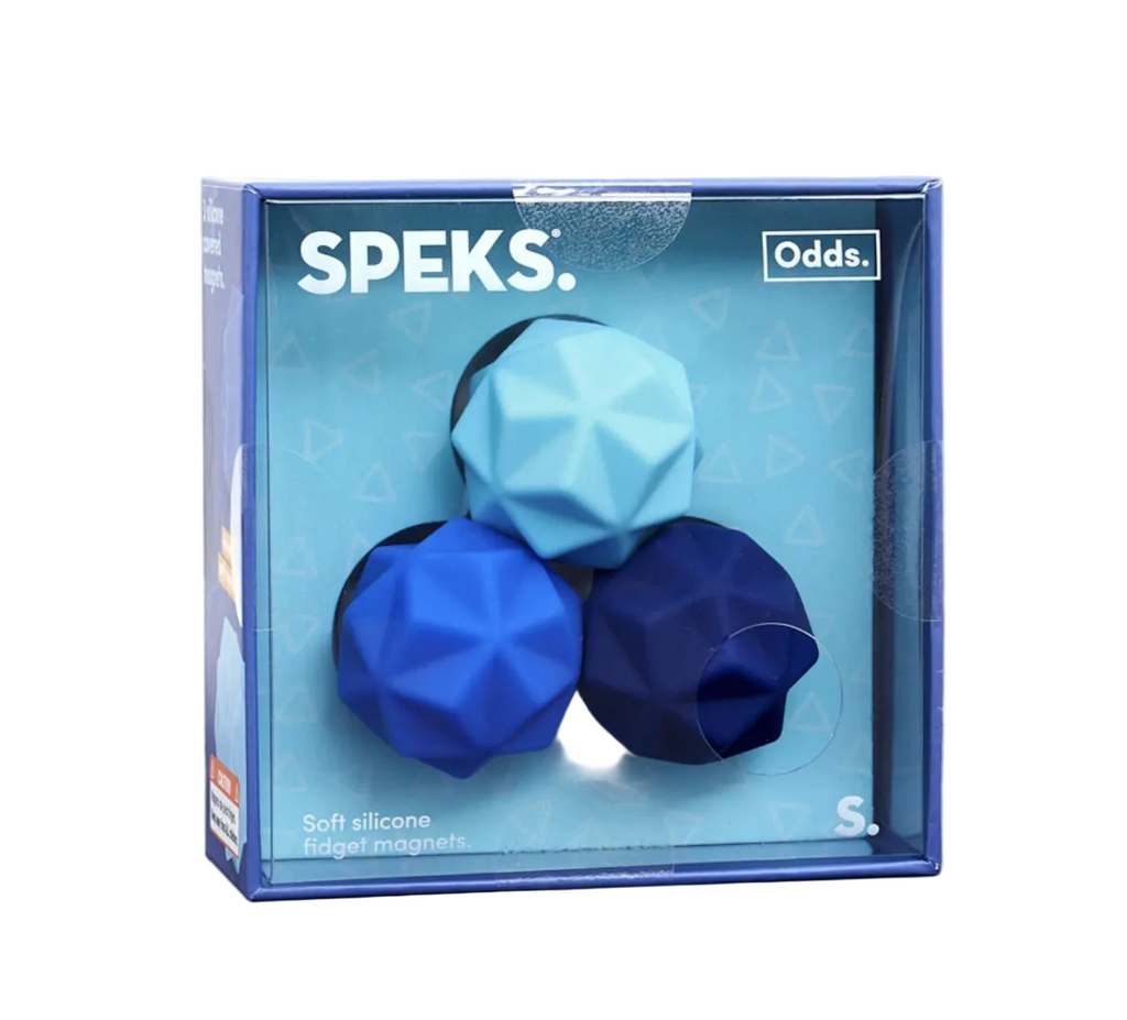 Set of three soft, silicone fidget magnets by Speks. The Odds set in Blue Peaks, packaged in a blue box with a clear top. 