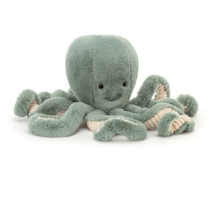 Sea green plush octopus with tentacles that have a beige color and ribbed texture.