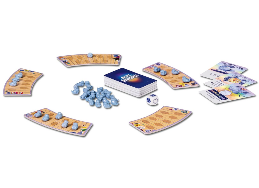 Oh My Pigeon game components including cards, dice, and grey pigeon game set up for play. 