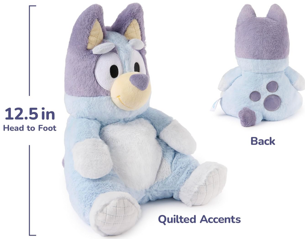 The Oh So Snuggly Bluey plush lovey pictured from the side and the back, with measurements. 