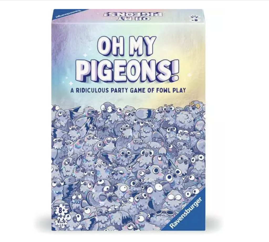 Cover of the "Oh My Pigeons" game with a cartoon illustration of tons of pigeons smushed together in a small space. Many of the pigeons feathers are ruffled and their eyes are wide. 