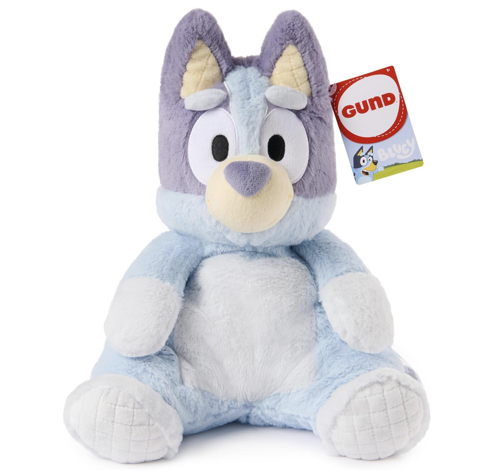 The Oh So Snuggly Bluey plush lovey sitting up and facing forward, with quilted feet and ears. 